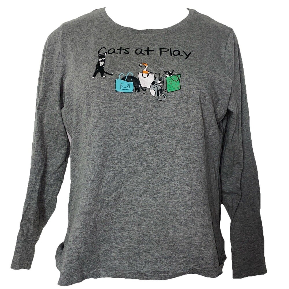 Sleep Sense Womens Pajama Top CATS AT PLAY Long Sleeve PJ Crewneck Gray Cotton S